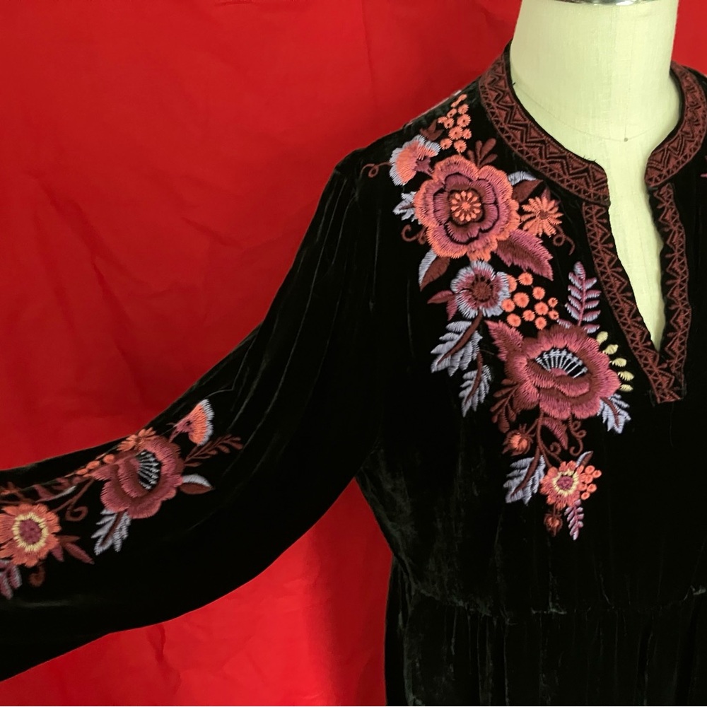 Johnny Was Black Velvet Dress with Pink and Purple Floral Embroidery - Picture 5 of 12